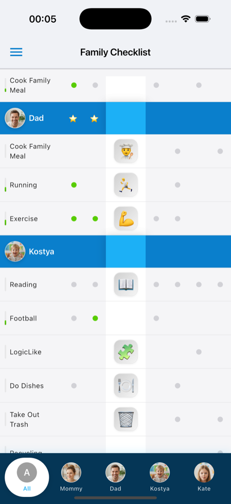 Family Checklist app - weekly board view on phone