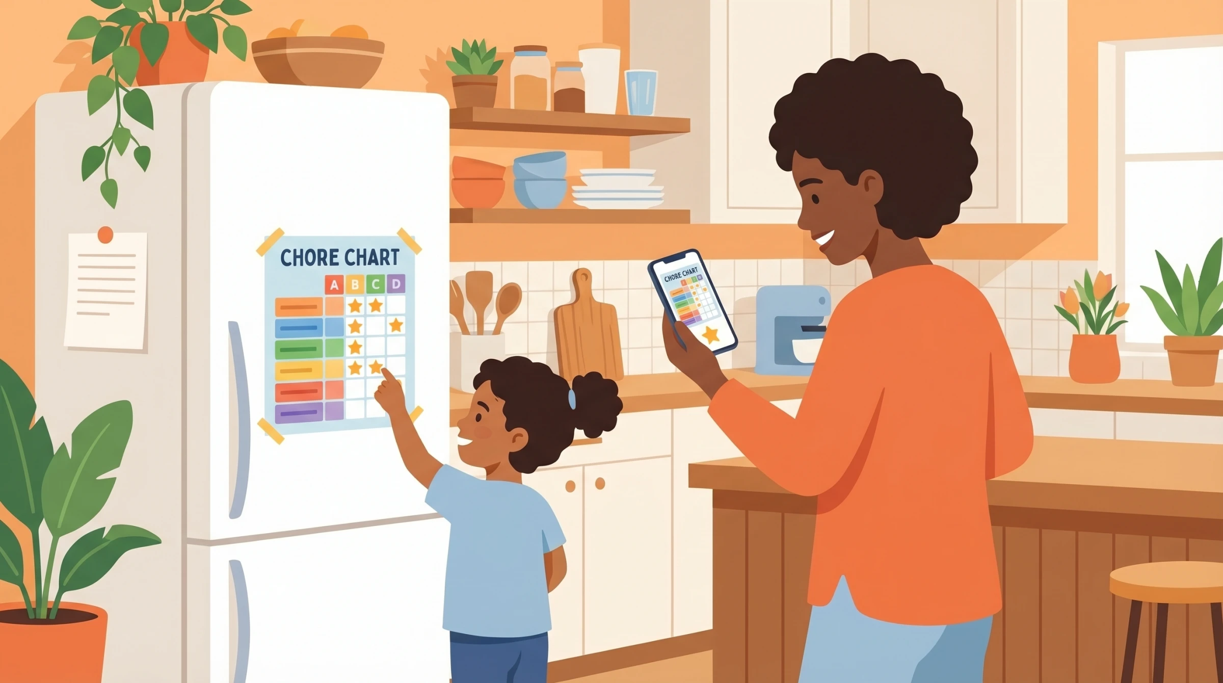 Child checking off printed chore chart on fridge while parent views progress on phone app
