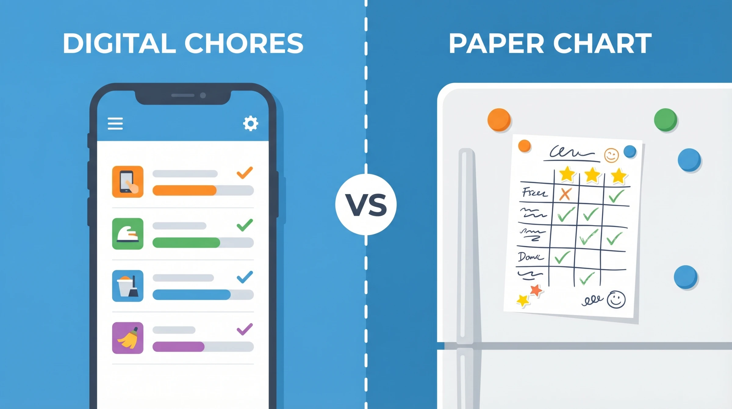 Phone chore chart app versus paper chore chart on fridge — side by side comparison