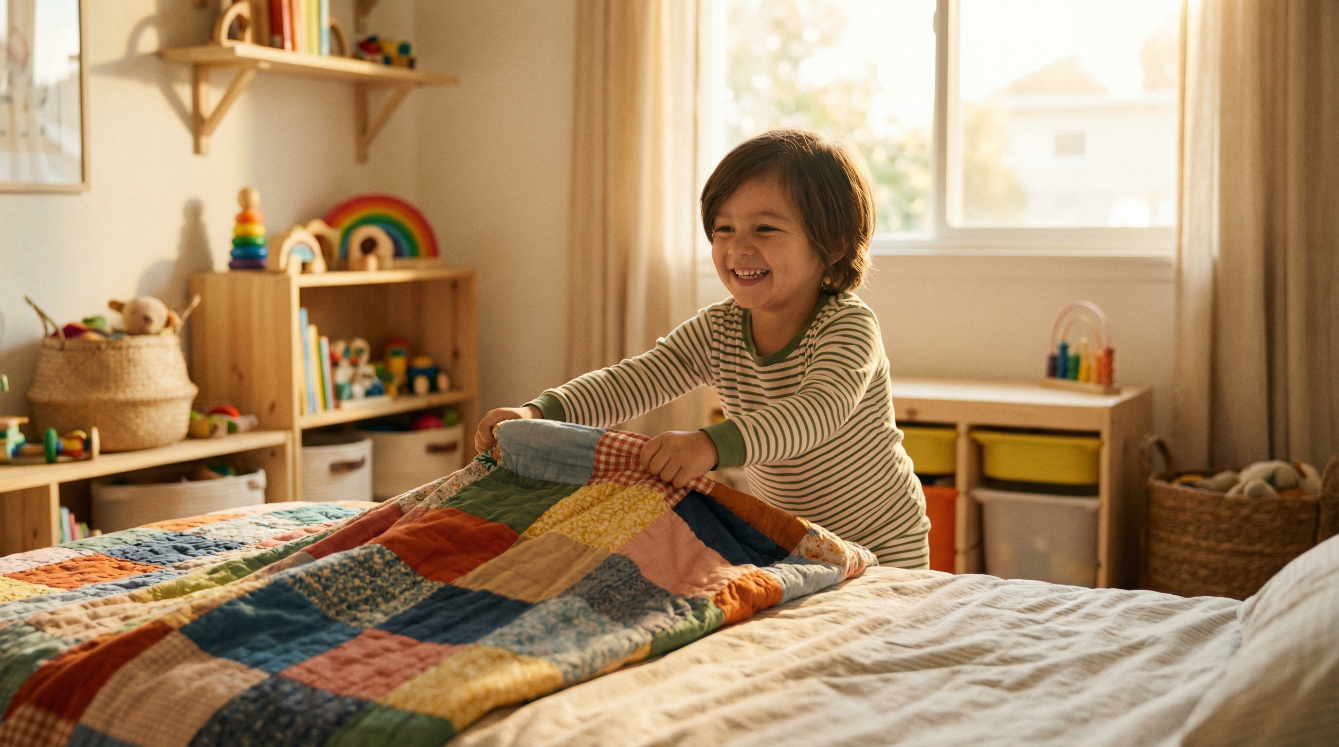 A 5-year-old child happily helping with simple household chores
