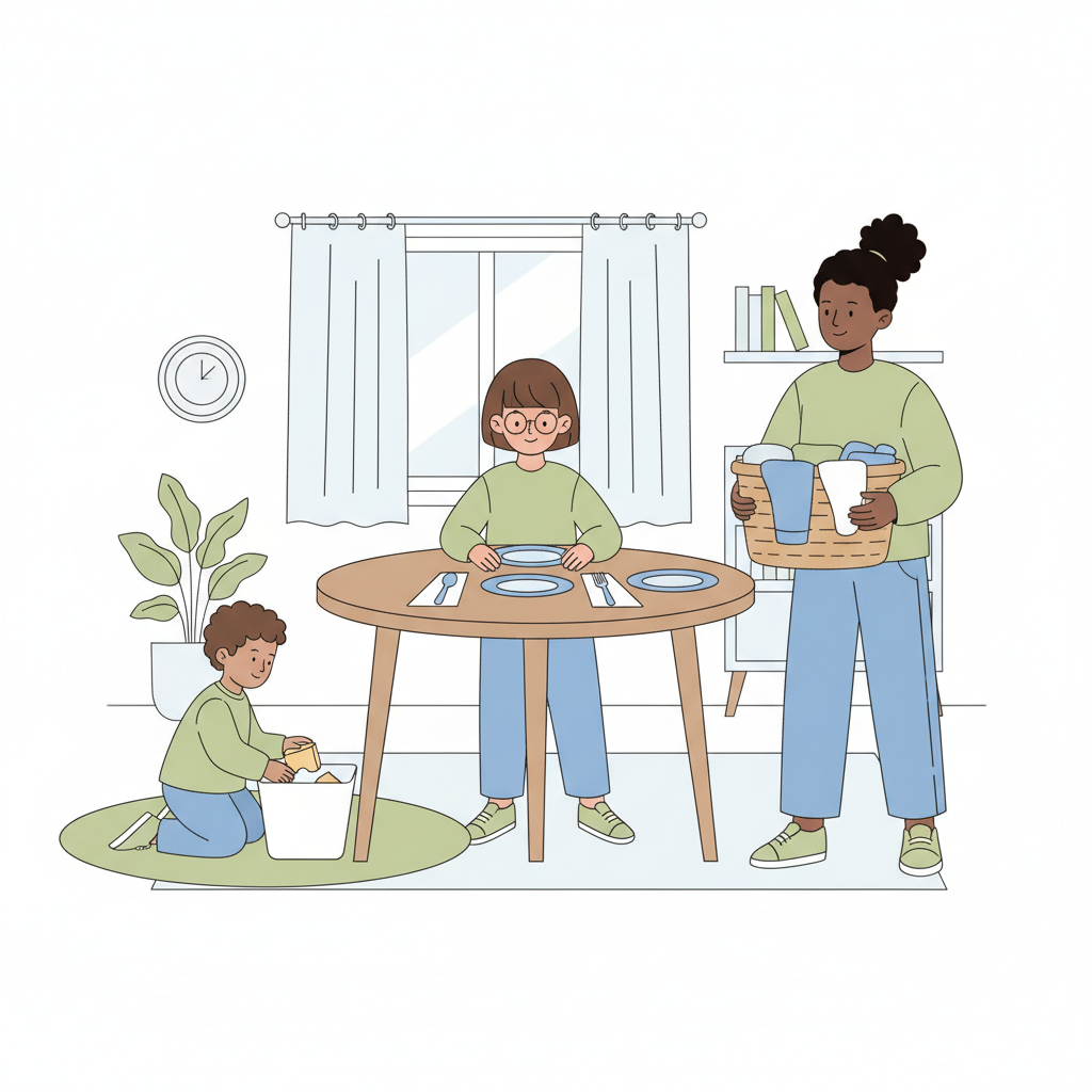 Children of different ages doing age-appropriate chores