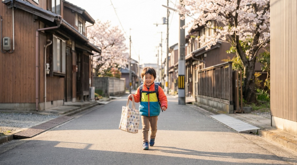Japanese child on solo errand with shopping bag