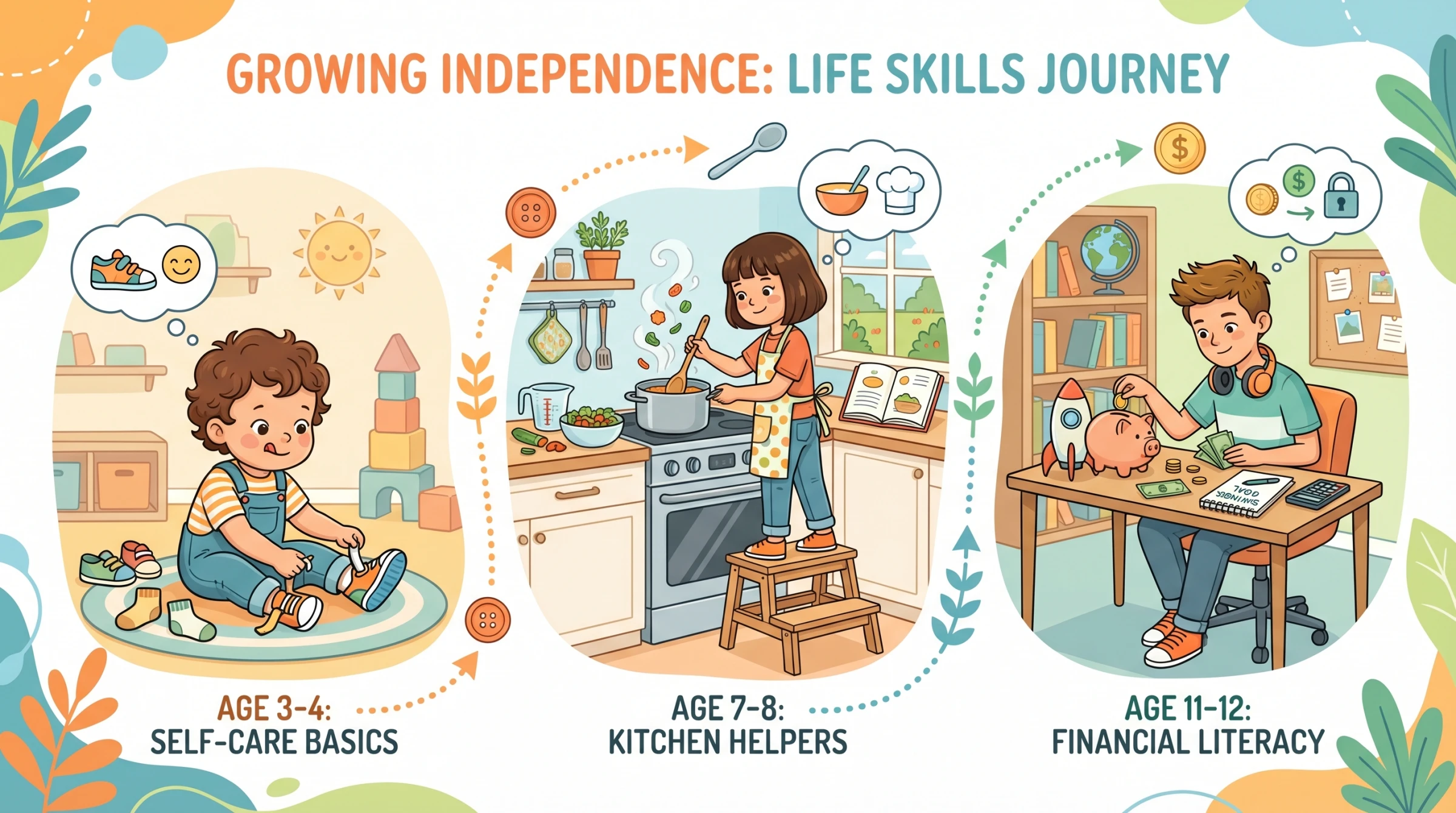 Children learning life skills at different ages — putting on shoes, cooking, managing money
