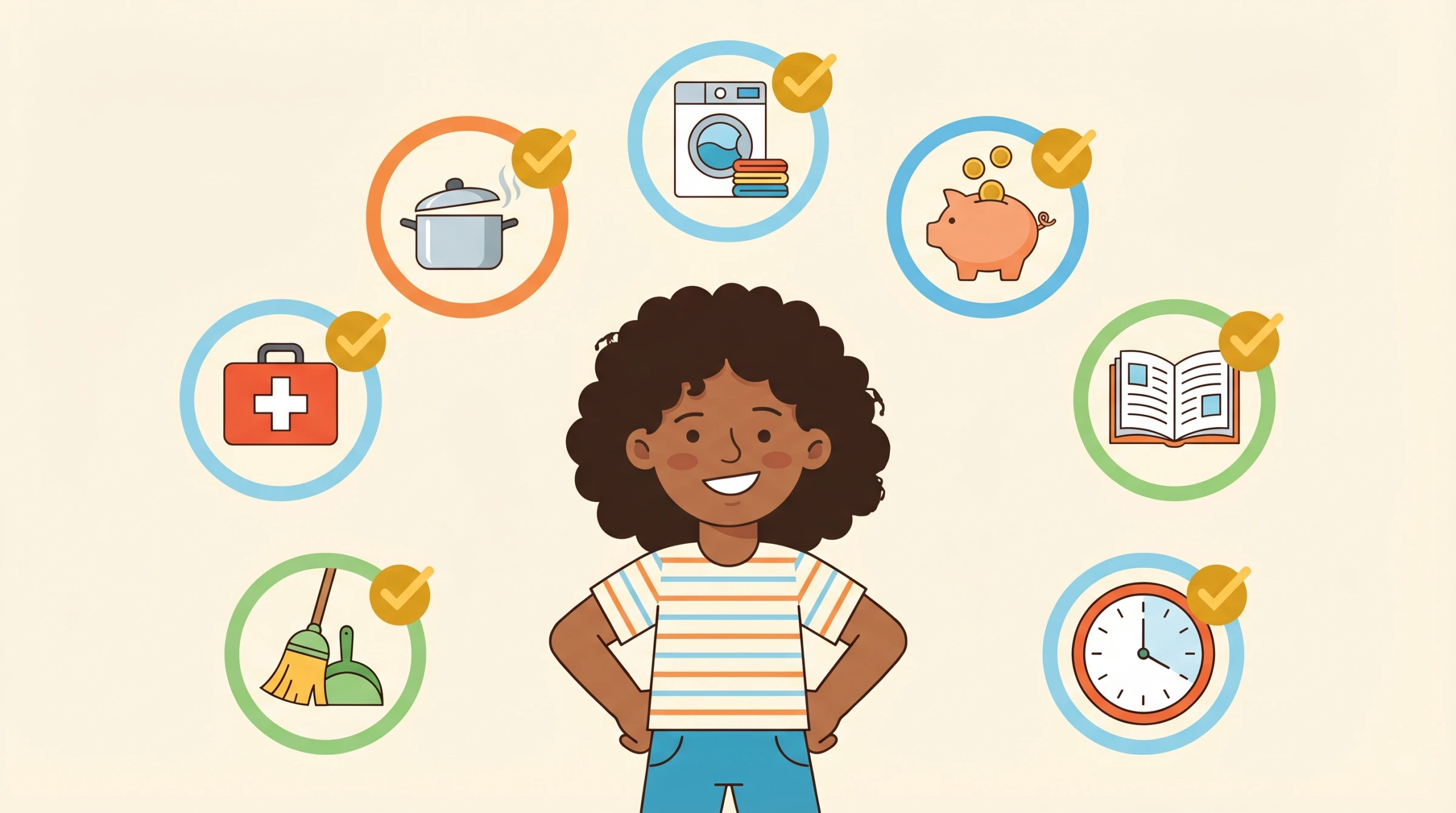 Confident child surrounded by achievement icons — cooking, laundry, money management, reading