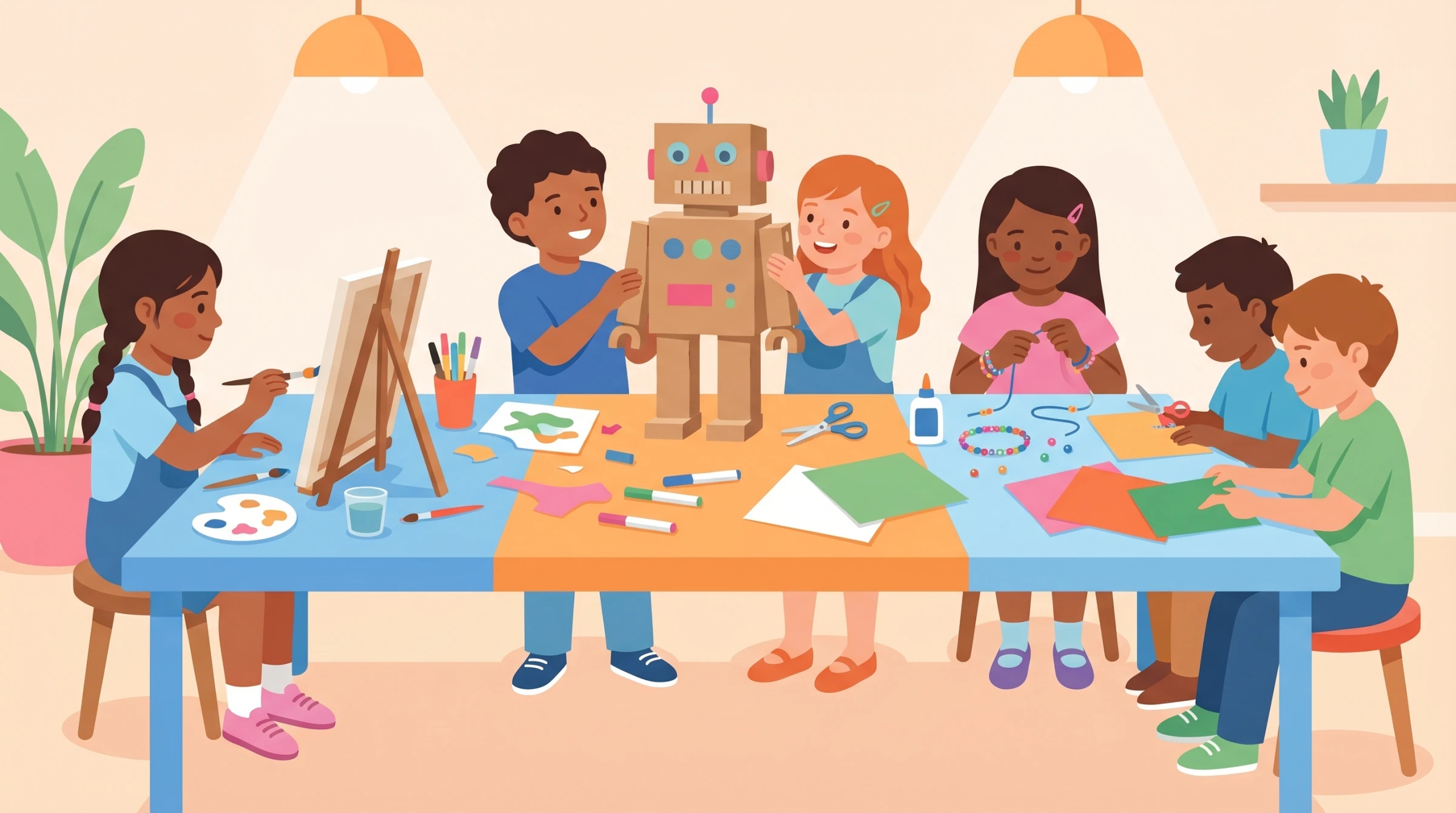Kids doing creative craft activities — painting, building cardboard robots, making bracelets