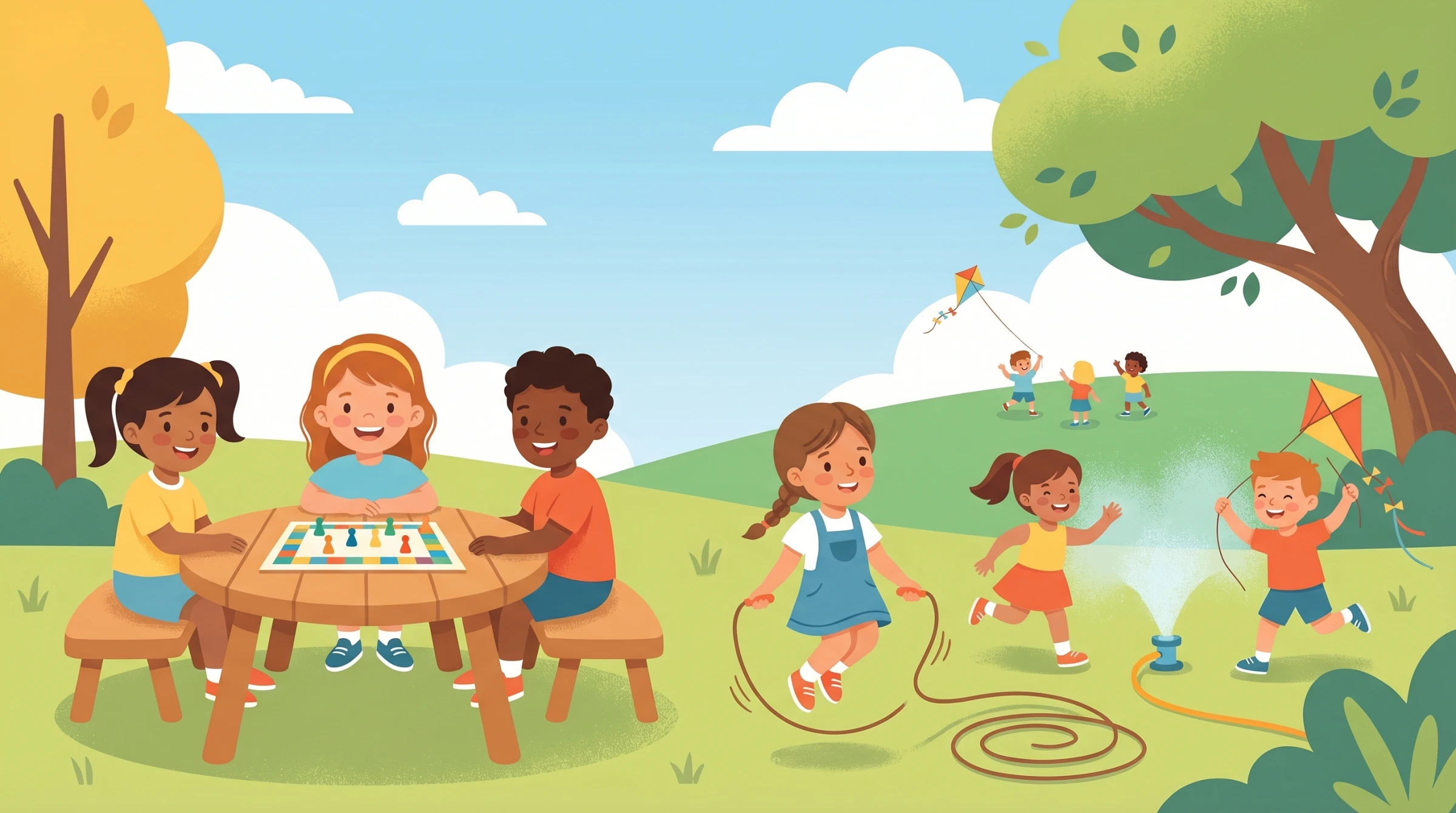 Kids playing outdoors in summer without phones — board games, kites, and sprinklers