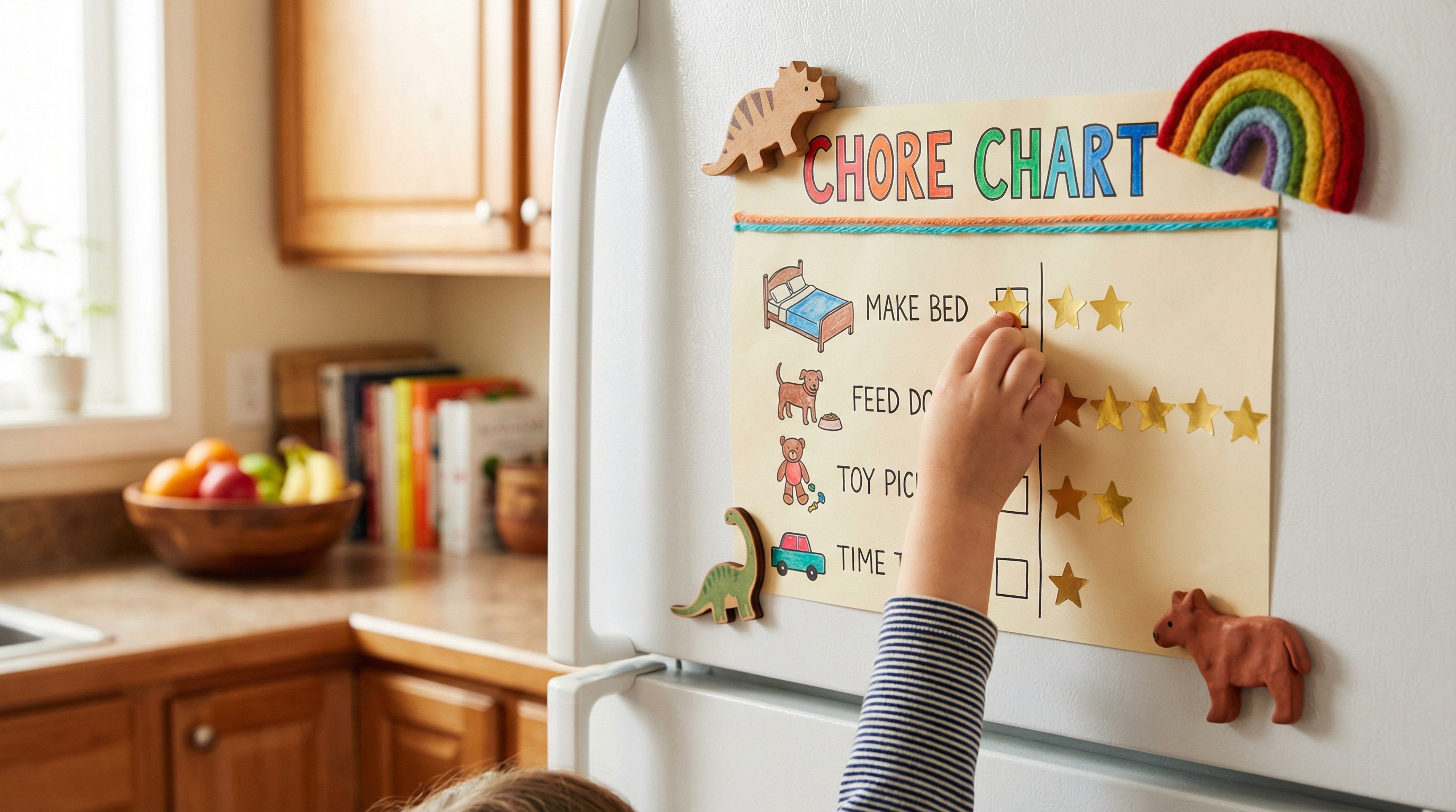 Colorful printable chore chart pinned to a refrigerator with children's stickers