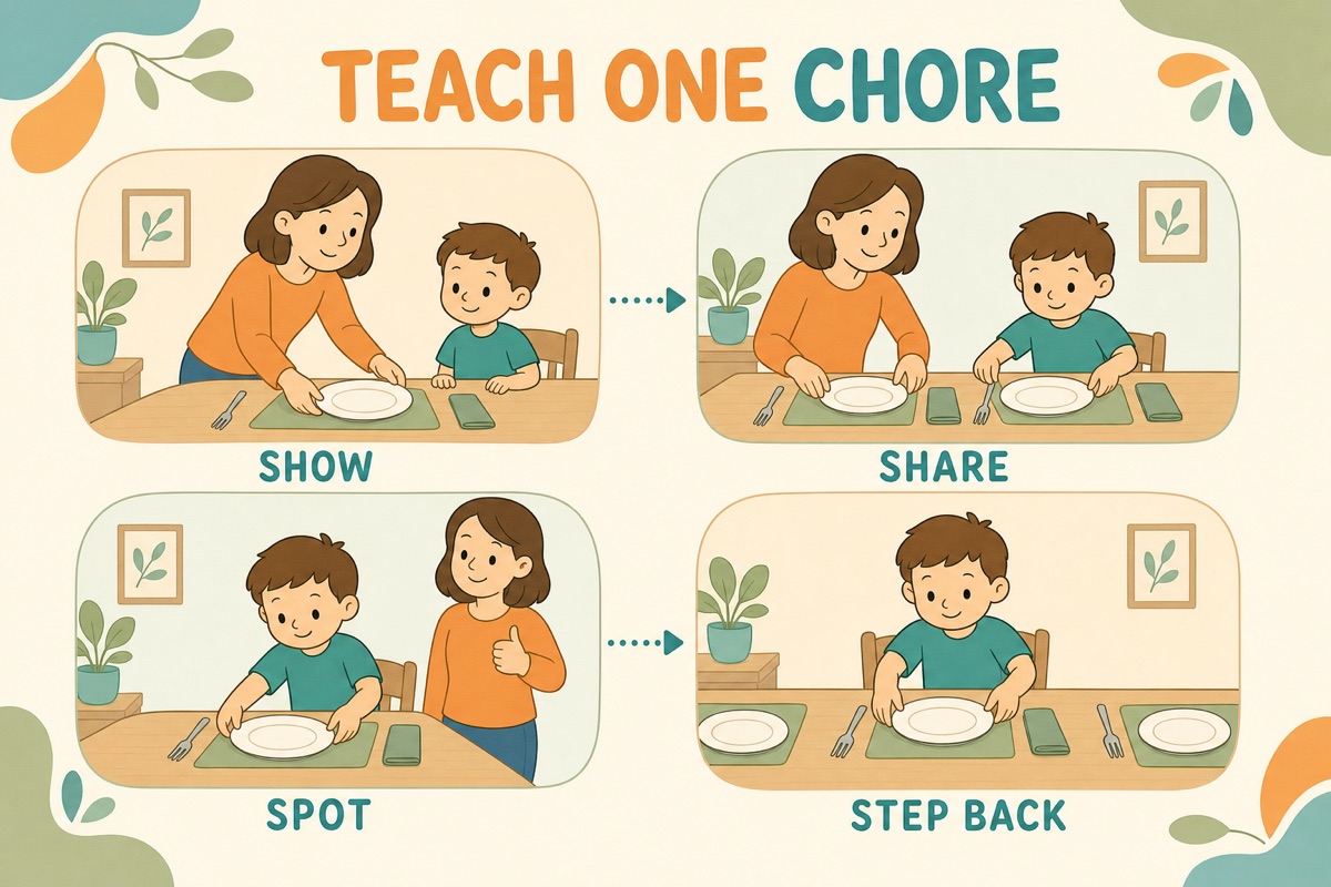 Teach one chore in 4 steps: show, share, spot, step back, with a parent and child setting the table