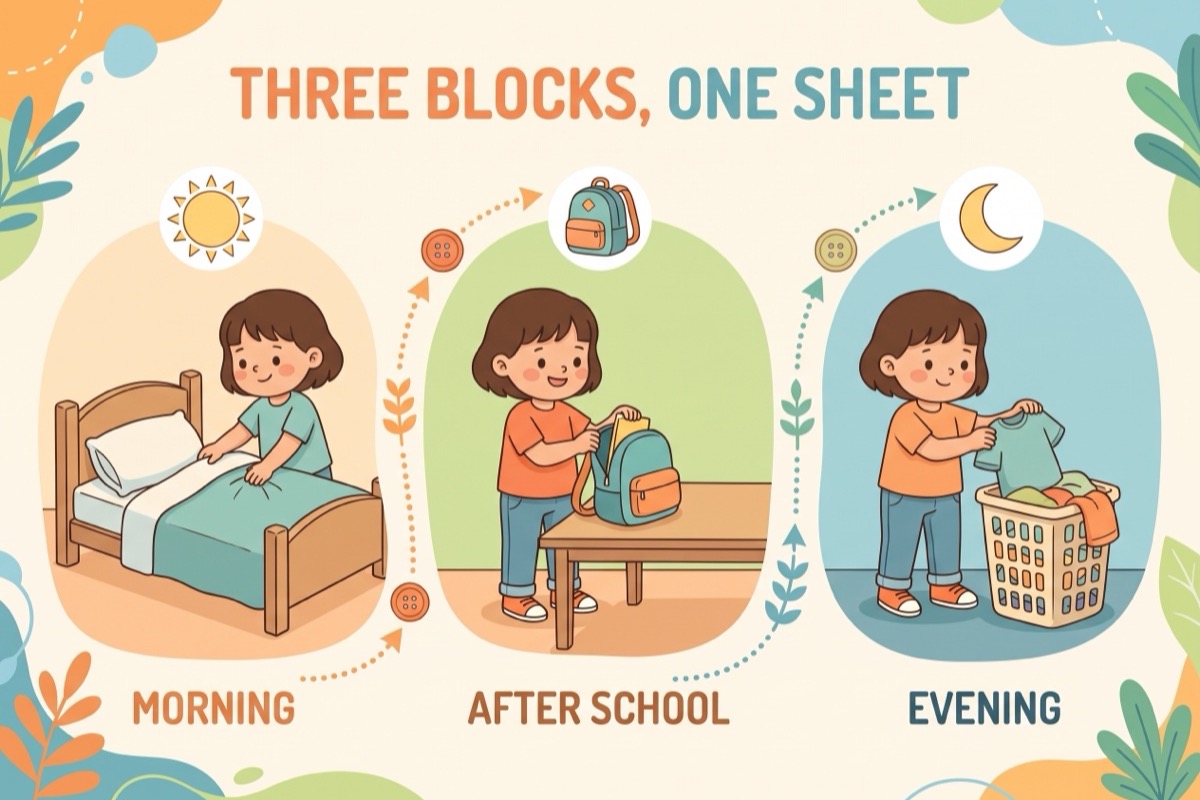 A child making the bed in the morning, unpacking a backpack after school and putting laundry away in the evening