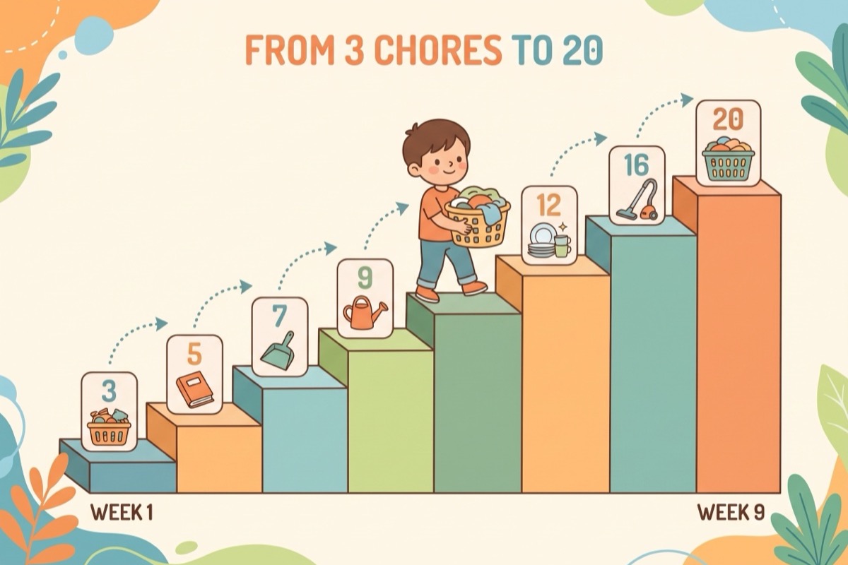 Chores for 8 year olds rollout plan: from 3 chores in week 1 to 20 chores by week 9