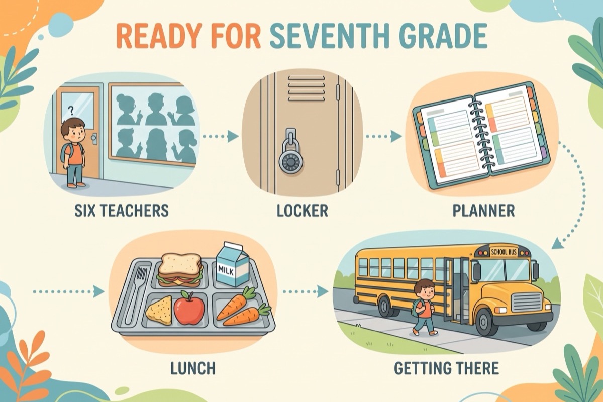 Ready for seventh grade infographic: six teachers, locker, planner, lunch, getting there