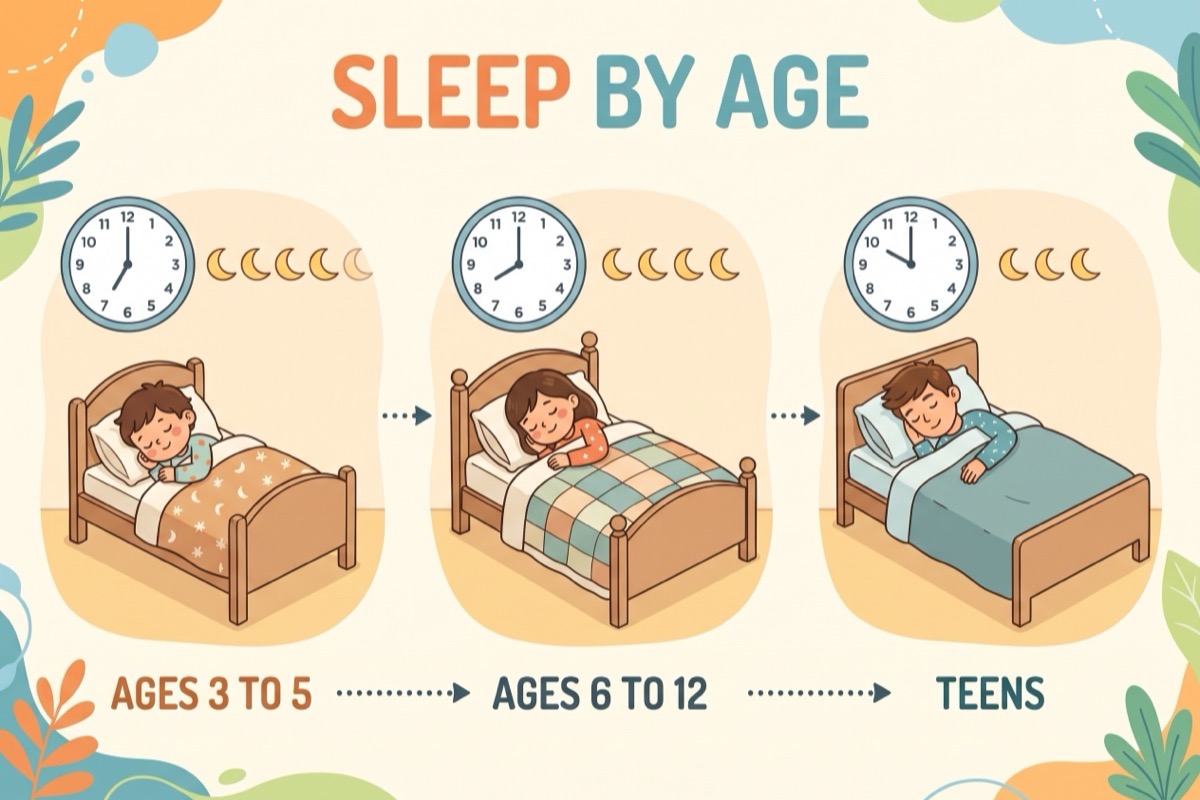 Sleep by age infographic: ages 3 to 5, ages 6 to 12, teens