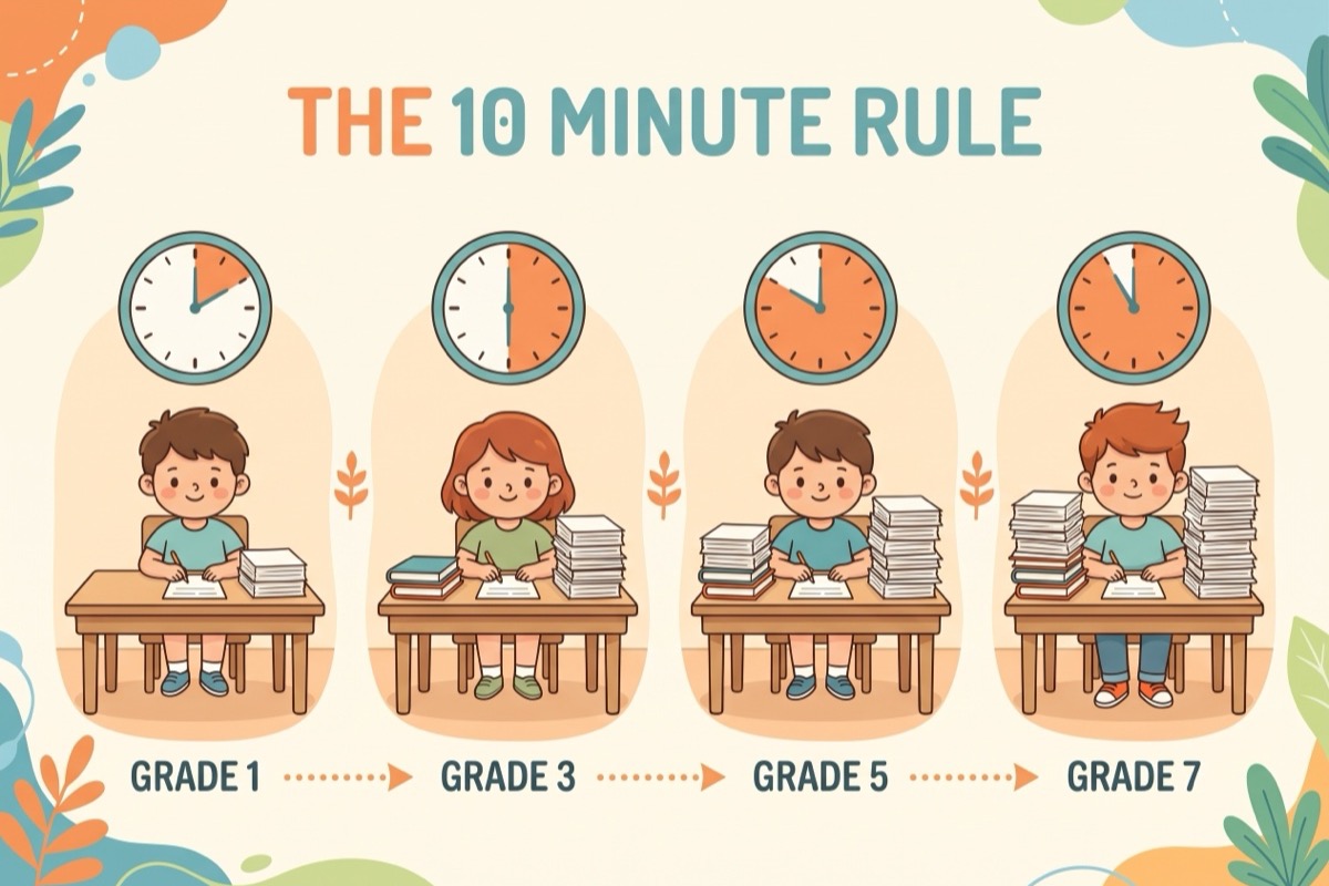 The 10 minute rule infographic: grade 1, grade 3, grade 5, grade 7