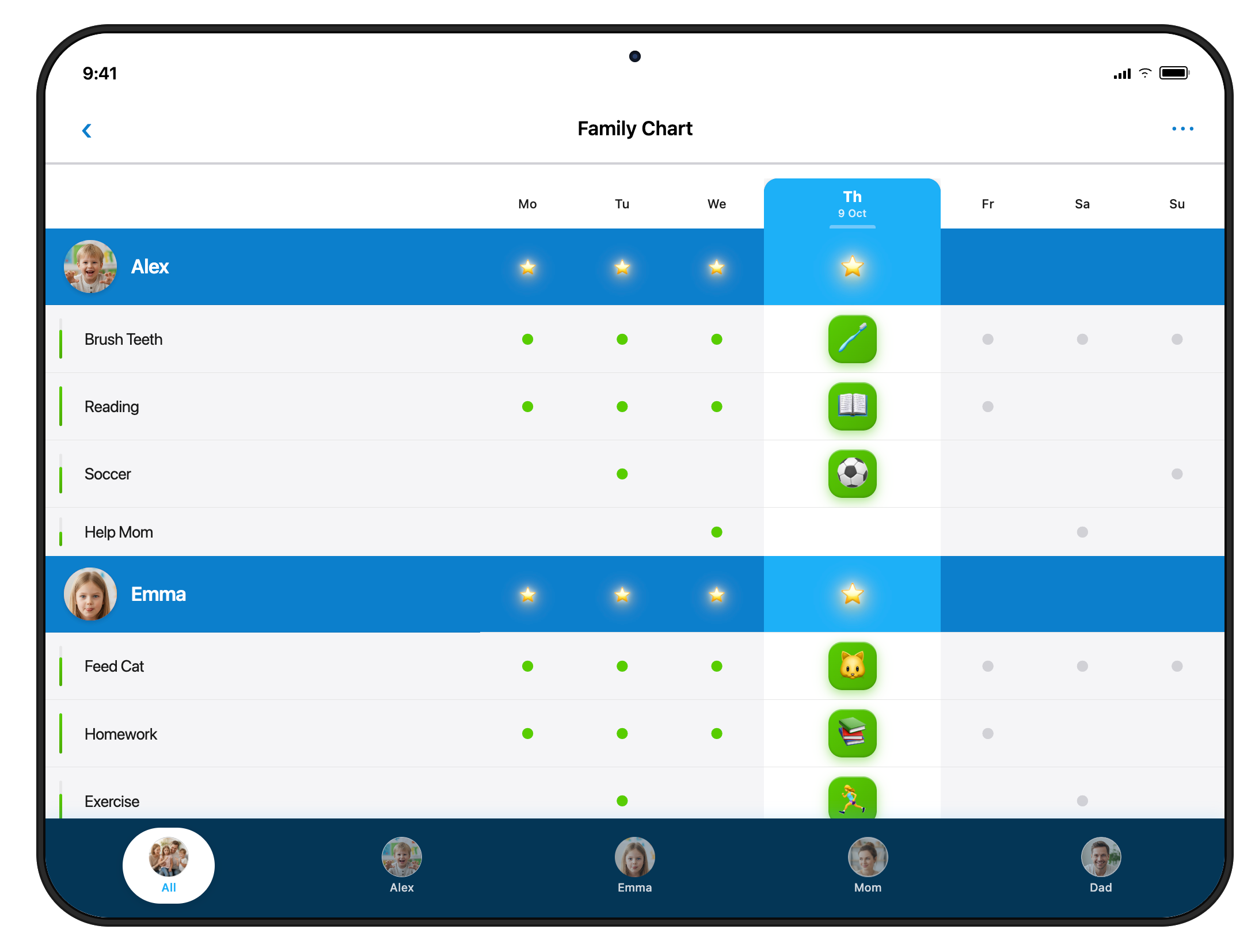Family Checklist app on tablet showing visual routine