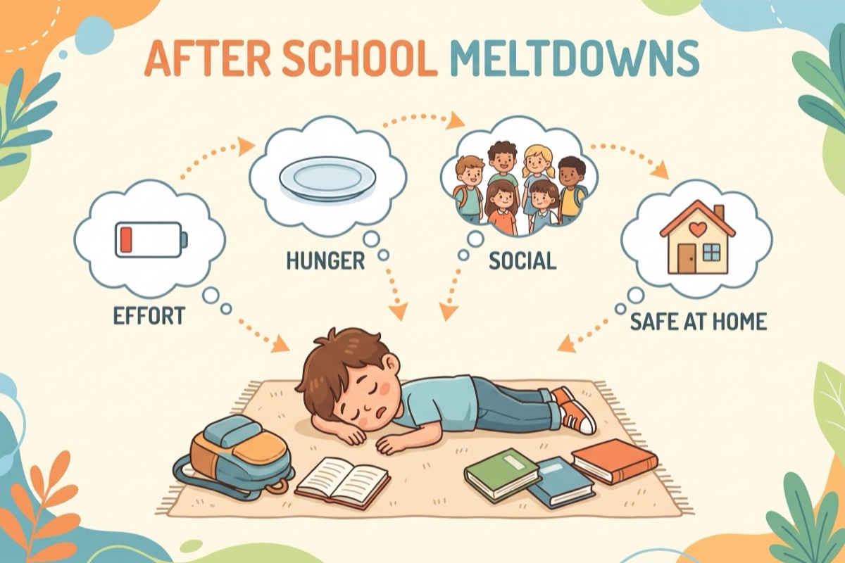 After school meltdowns infographic: effort, hunger, social, safe at home. After school meltdowns illustrated.