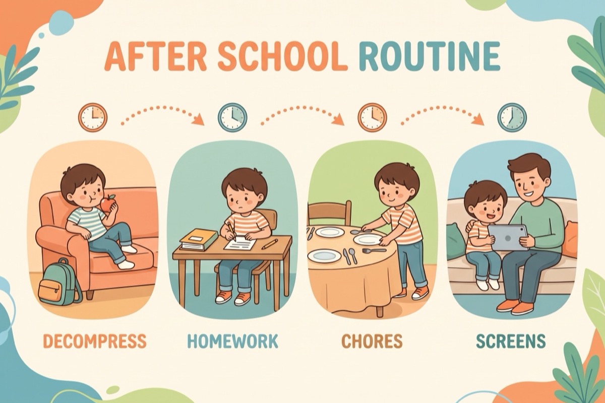 After school routine infographic: decompress, homework, chores, screens. After school routine for kids illustrated.