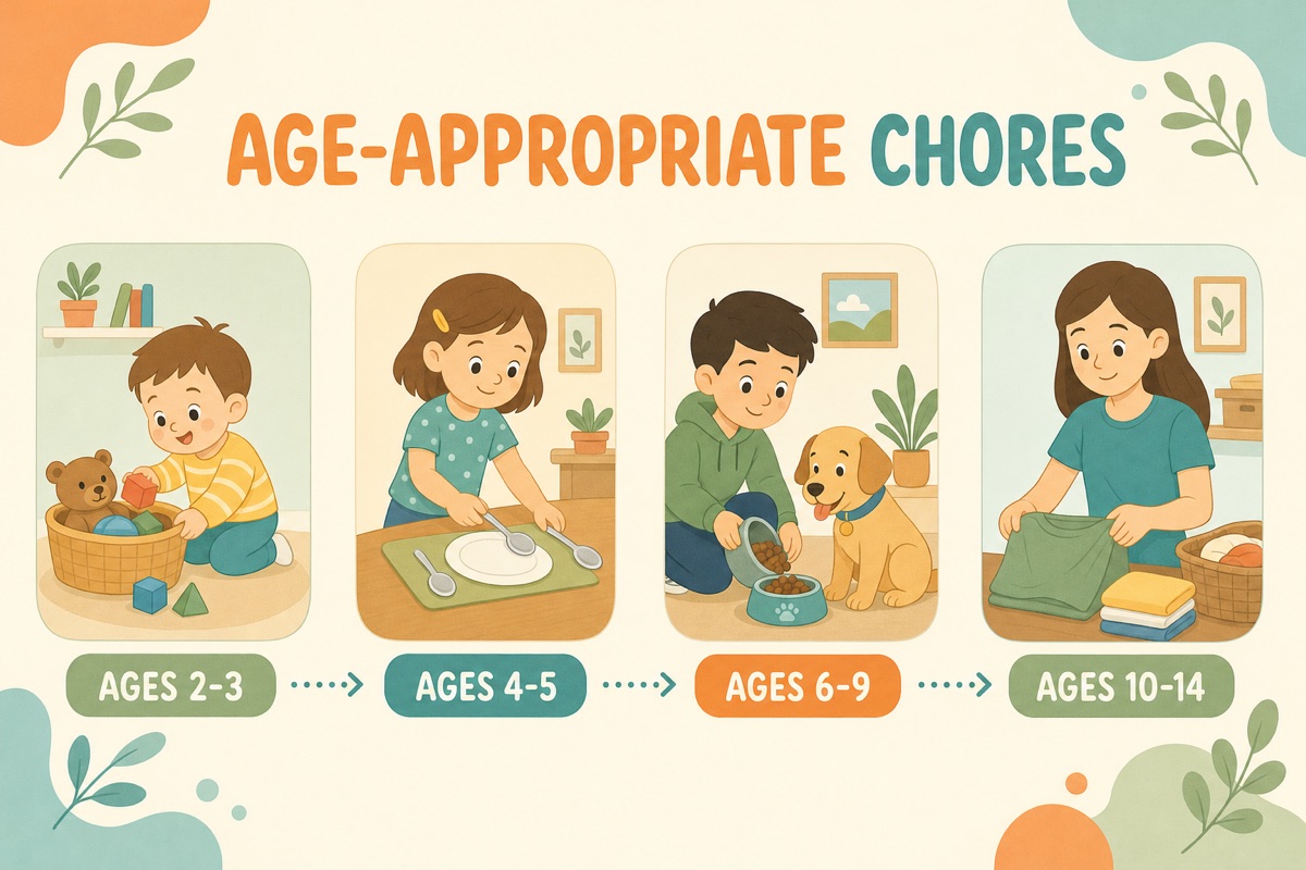 Age appropriate chores by age: a toddler tidies toys at 2-3, a child sets spoons at 4-5, a school-age child feeds the dog at 6-9, a preteen folds laundry at 10-14