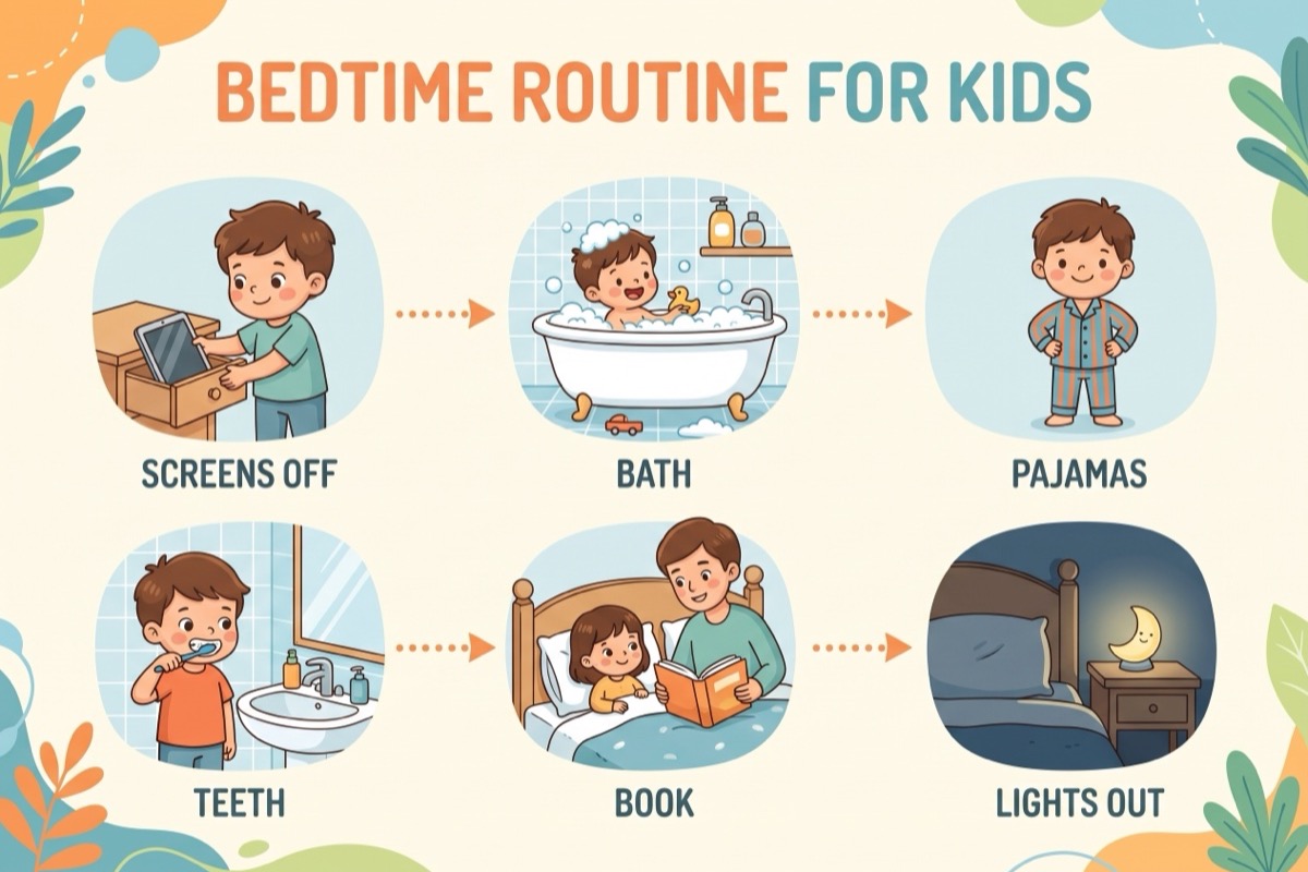 Bedtime routine for kids infographic: screens off, bath, pajamas, teeth, book, lights out. Bedtime routine for kids illustrated.