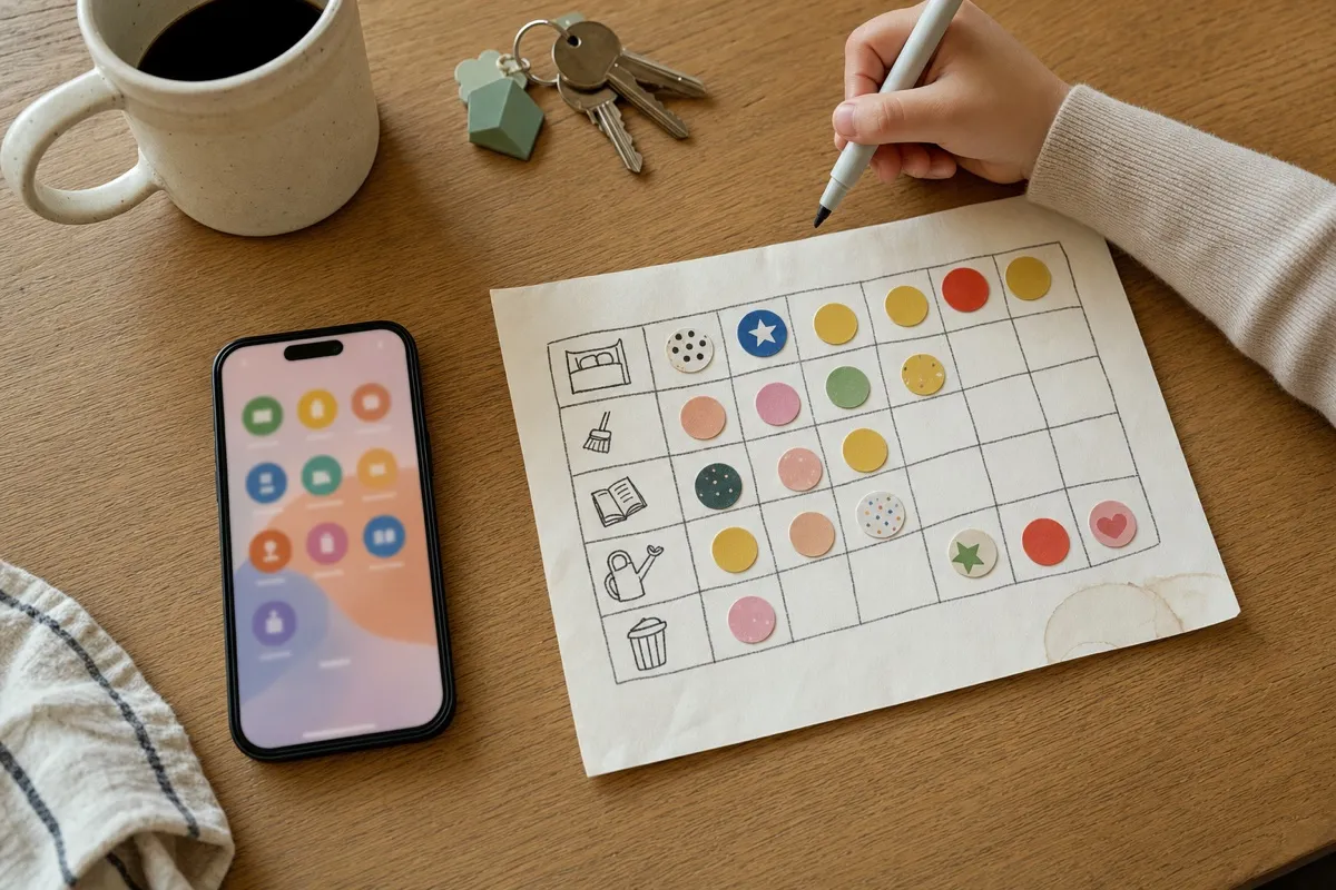 Best chore apps for kids: a phone with a chore app next to a paper chore chart with stickers