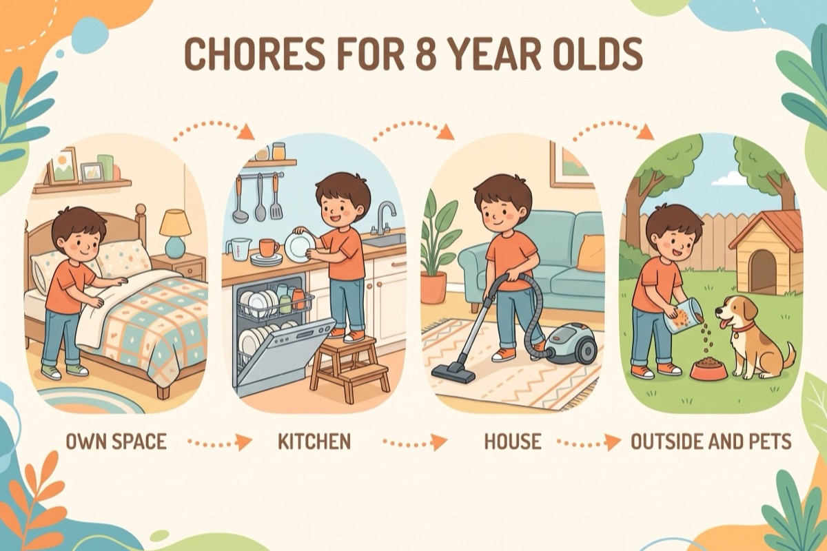 Chores for 8 year olds infographic: own space, kitchen, house, outside and pets