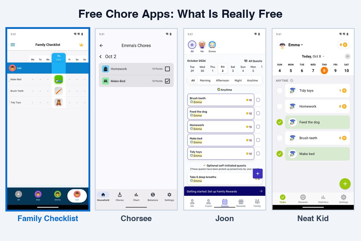 Free chore app comparison: Family Checklist's free week chart next to the free versions of Chorsee and Joon