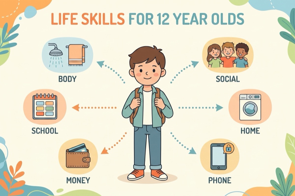 Life skills for 12 year olds infographic: body, social, school, home, money, phone. Life skills for 12-year-olds illustrated.