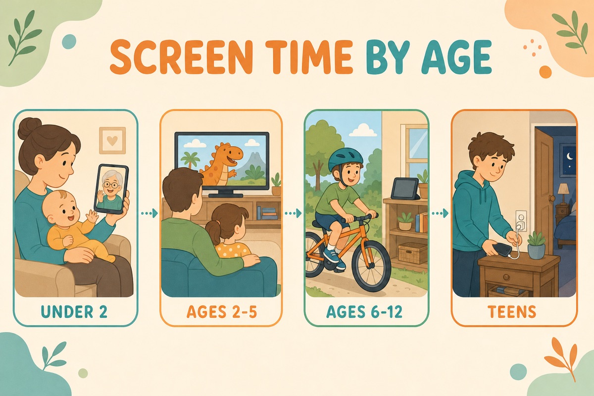 How much screen time is OK for kids by age: under 2, a parent holds the phone for a video call with a grandparent; ages 2 to 5, parent and child watch TV together; ages 6 to 12, a child rides a bike with the tablet on a shelf; teens, a teen plugs the phone into a hallway charger at night