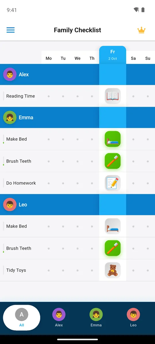 Family Checklist week chart: Alex, Emma and Leo with each task by day, Friday's done tasks in green