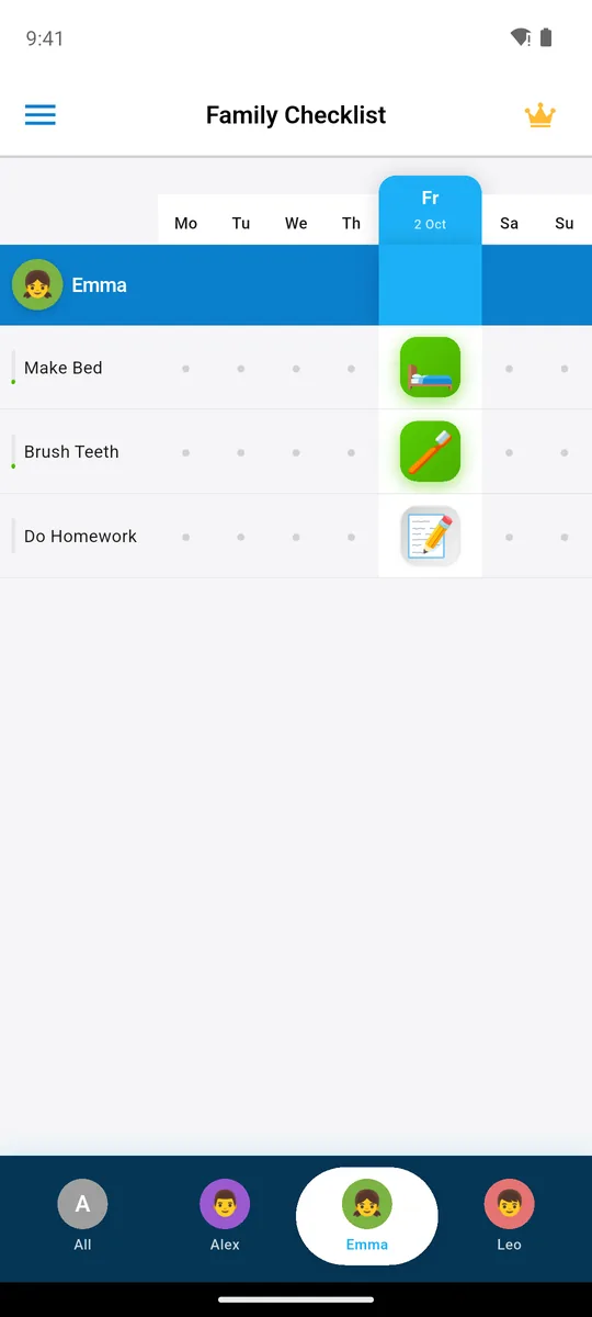 Family Checklist with Emma's tab: make bed and brush teeth done, homework to do