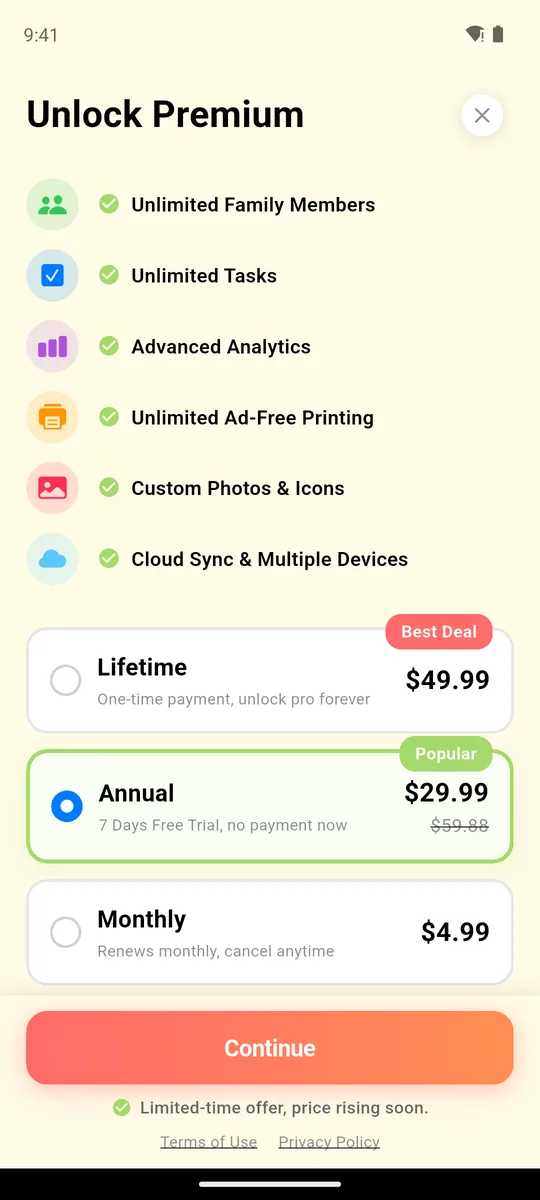 Family Checklist Premium screen: $49.99 lifetime, $29.99 a year with 7-day free trial, $4.99 a month