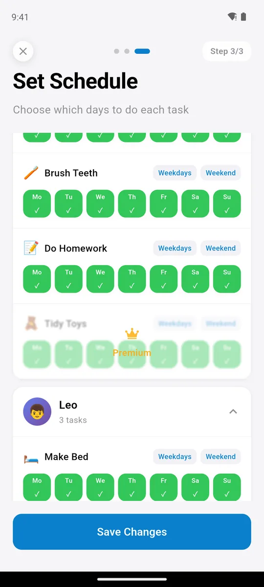 Family Checklist schedule: Emma's first three tasks active, a fourth shown with a Premium crown