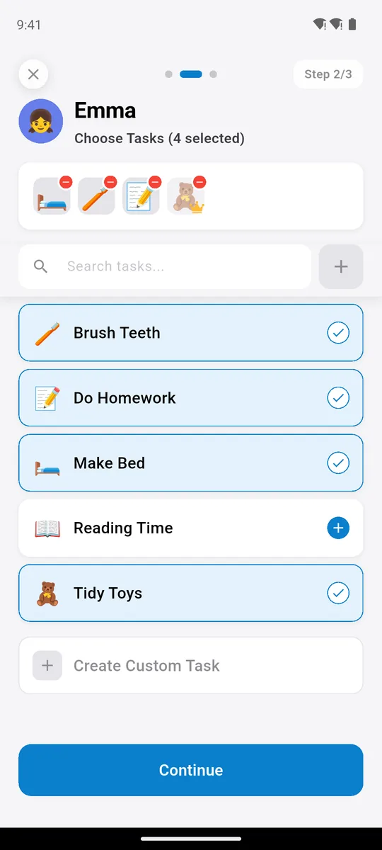 Family Checklist task list for Emma with icons: brush teeth, homework, make bed, reading time, tidy toys
