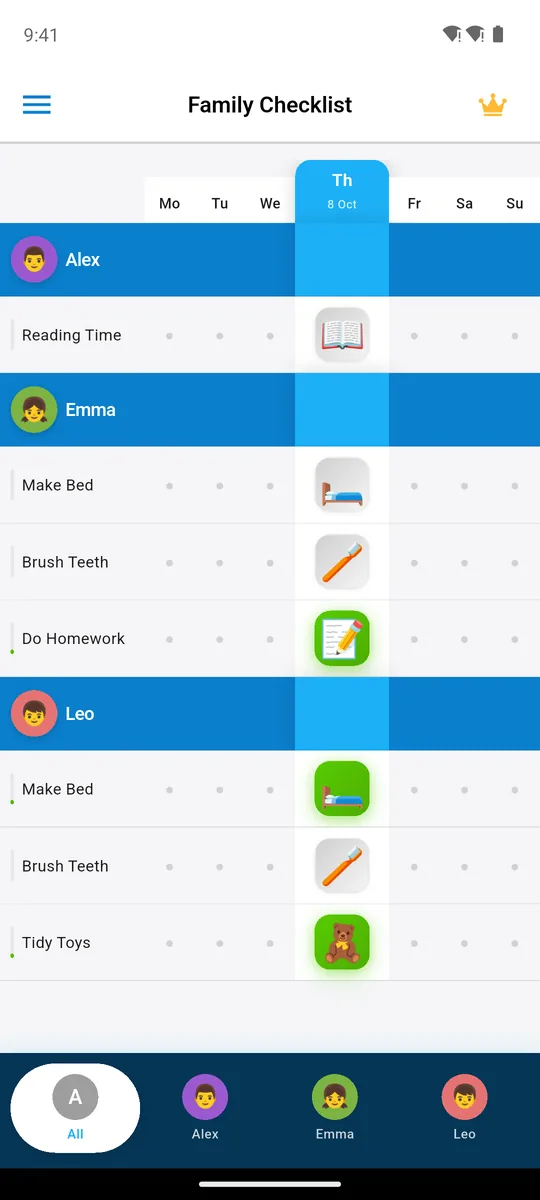 Family Checklist free version: week chart for Alex, Emma and Leo