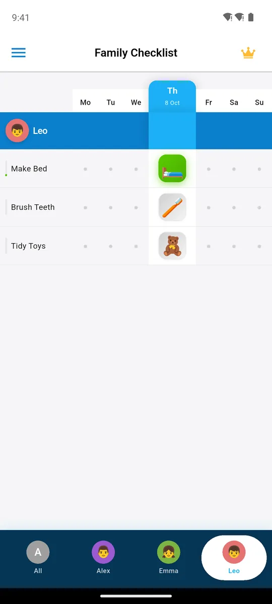 Family Checklist with Leo's tab: make bed done, brush teeth and tidy toys to do