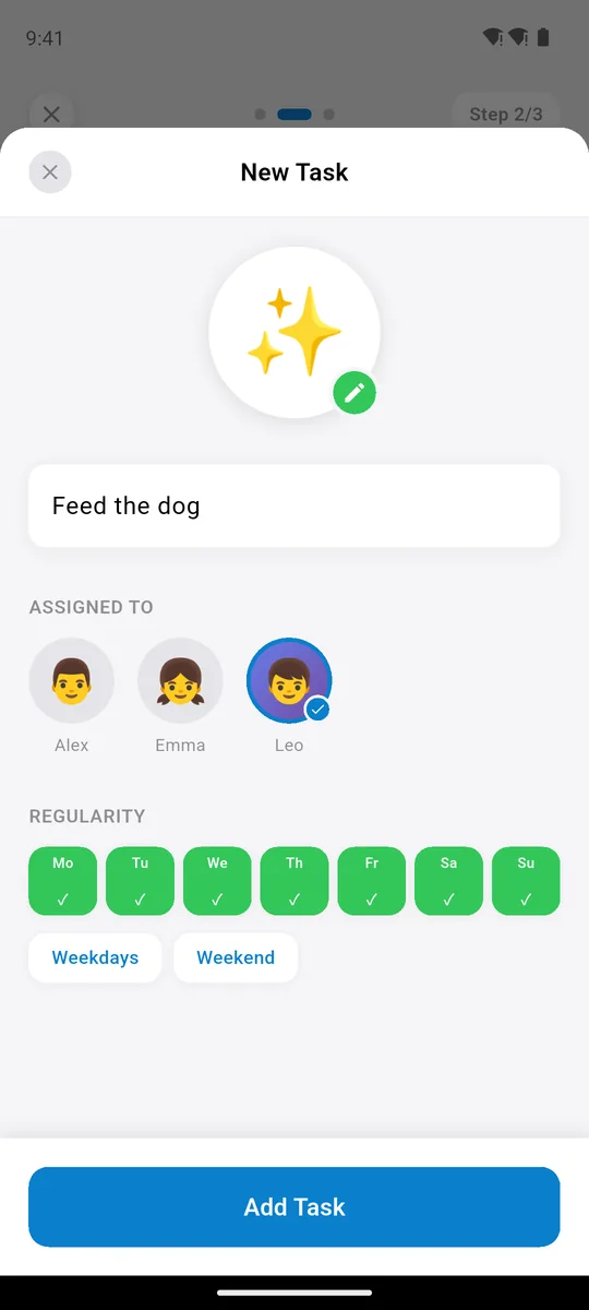 Family Checklist New Task screen: a custom task called Feed the dog assigned to Leo, repeating every day from Monday to Sunday