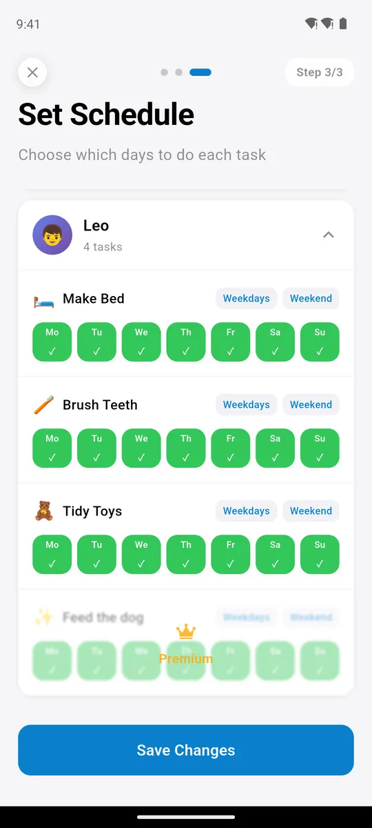 Family Checklist schedule for Leo: three tasks active, a fourth shown with a Premium crown