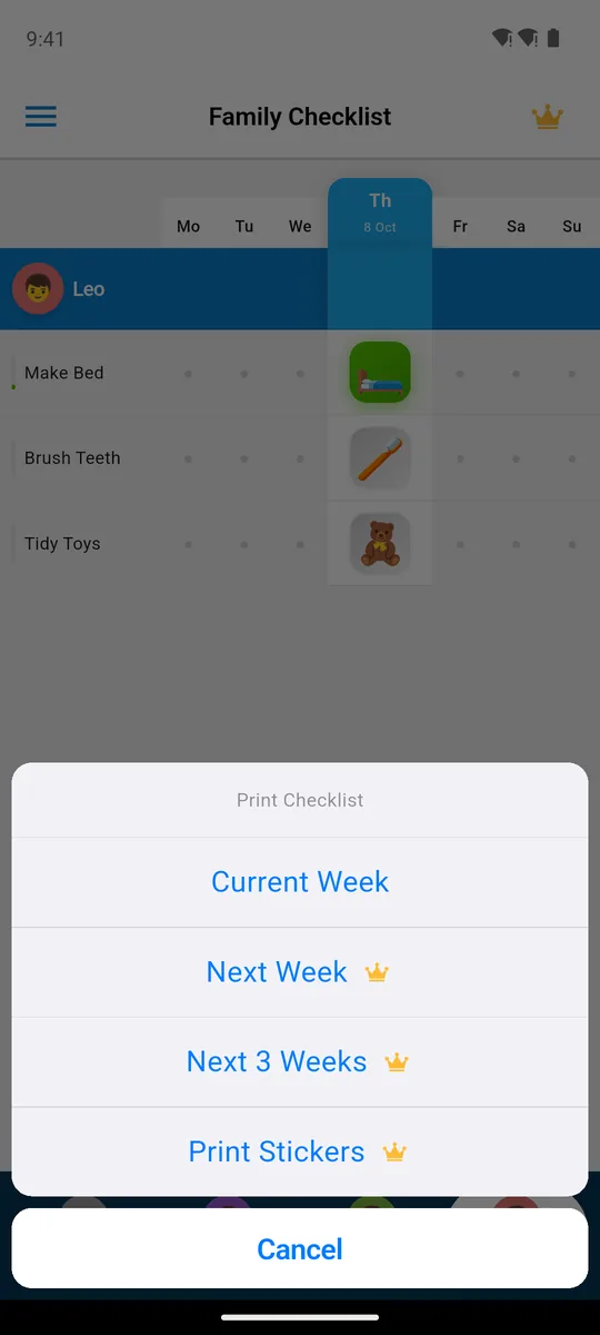 Family Checklist print menu: current week free; next week, next 3 weeks and stickers Premium