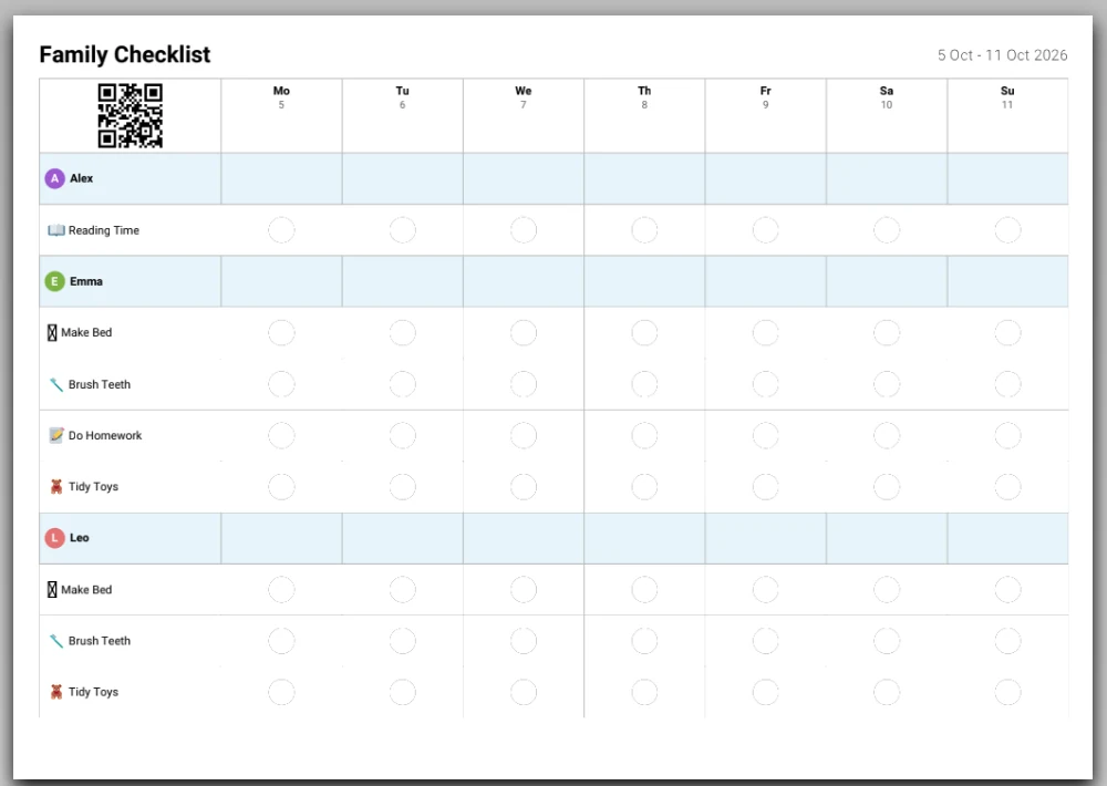 Family Checklist printed weekly chore chart for Alex, Emma and Leo, a circle to tick for each day