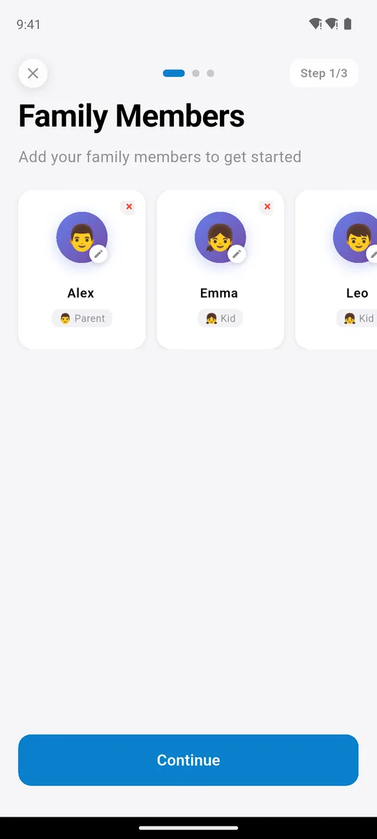 Family Checklist setup: Alex, Emma and Leo added as family members, step 1 of 3