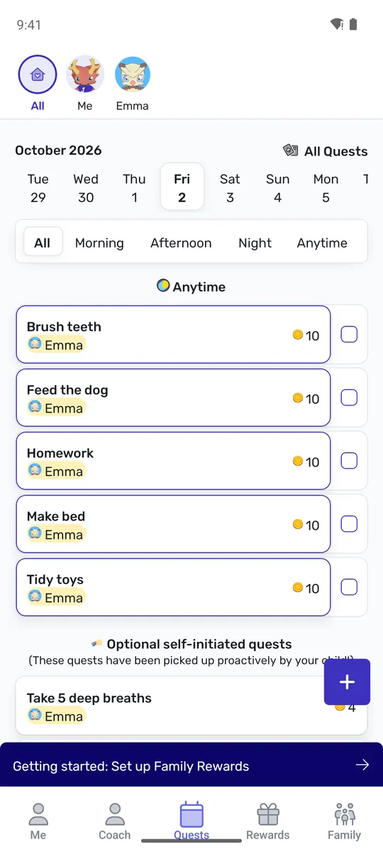 Joon parent app: today's quests for Emma with 10 coins each