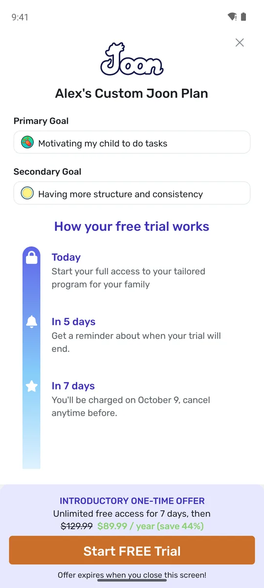 Joon trial screen: 7 days free, then $89.99 a year with $129.99 struck through, and a note that the offer expires when the screen closes