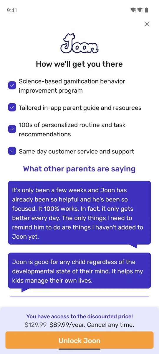Joon full-screen offer on opening the app: $89.99 a year, $129.99 crossed out, Unlock Joon