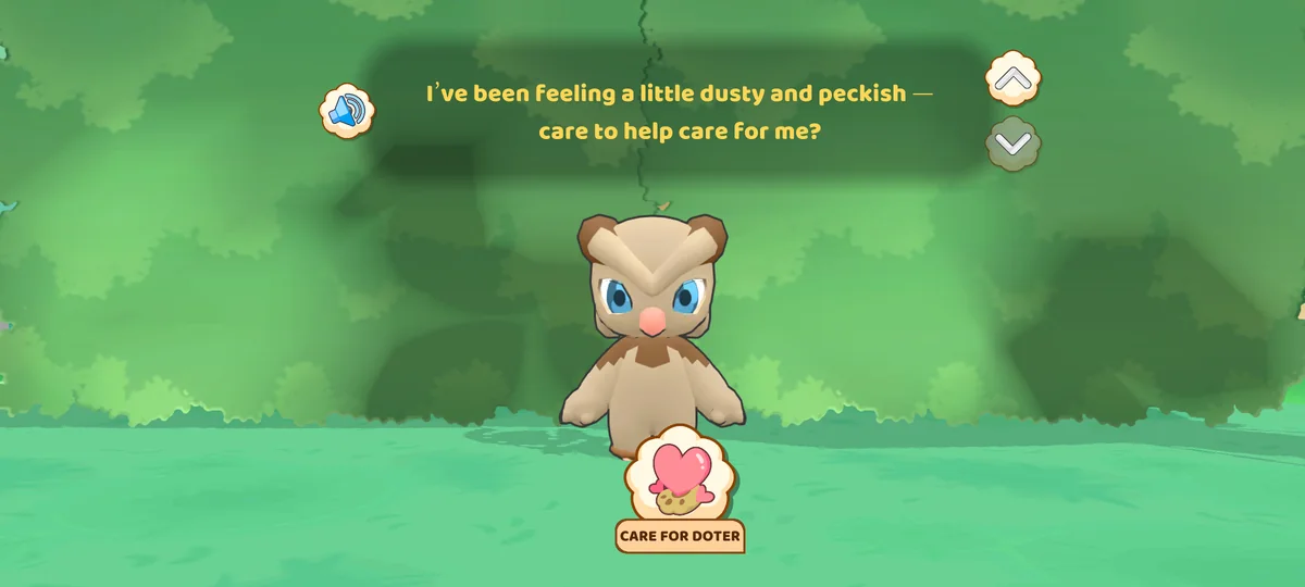 Joon Pet Game: the child's pet owl asks to be cared for, played with the phone held sideways
