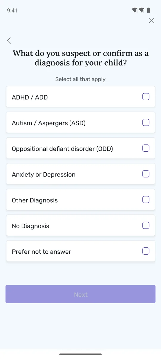 Joon setup question: what do you suspect or confirm as a diagnosis for your child, ADHD, autism, ODD