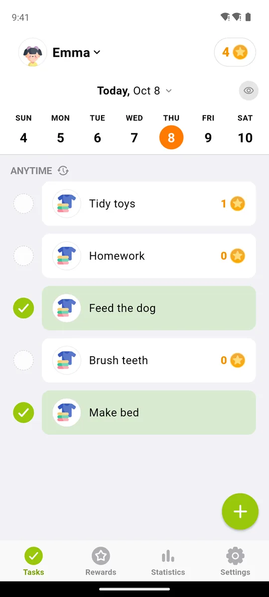 Neat Kid task list for Emma on Thursday 8 October, with stars next to tasks and a star total at the top