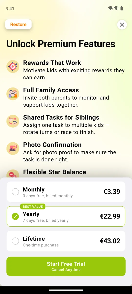 Neat Kid Unlock Premium screen shown when adding a second child or a reward, prices in euros
